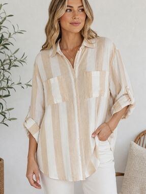 Versona Linen Blend Striped Button Down Shirt XXL Neutral Beige White Coastal